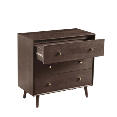 Walnut 3 Drawer Chest with Gold Knobs & Wooden Legs furnitell