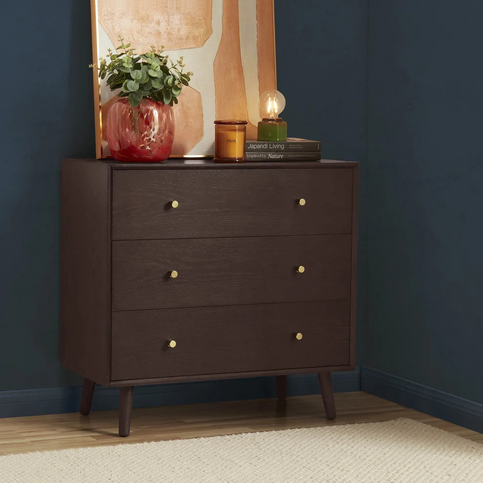 Walnut 3 Drawer Chest with Gold Knobs & Wooden Legs furnitell