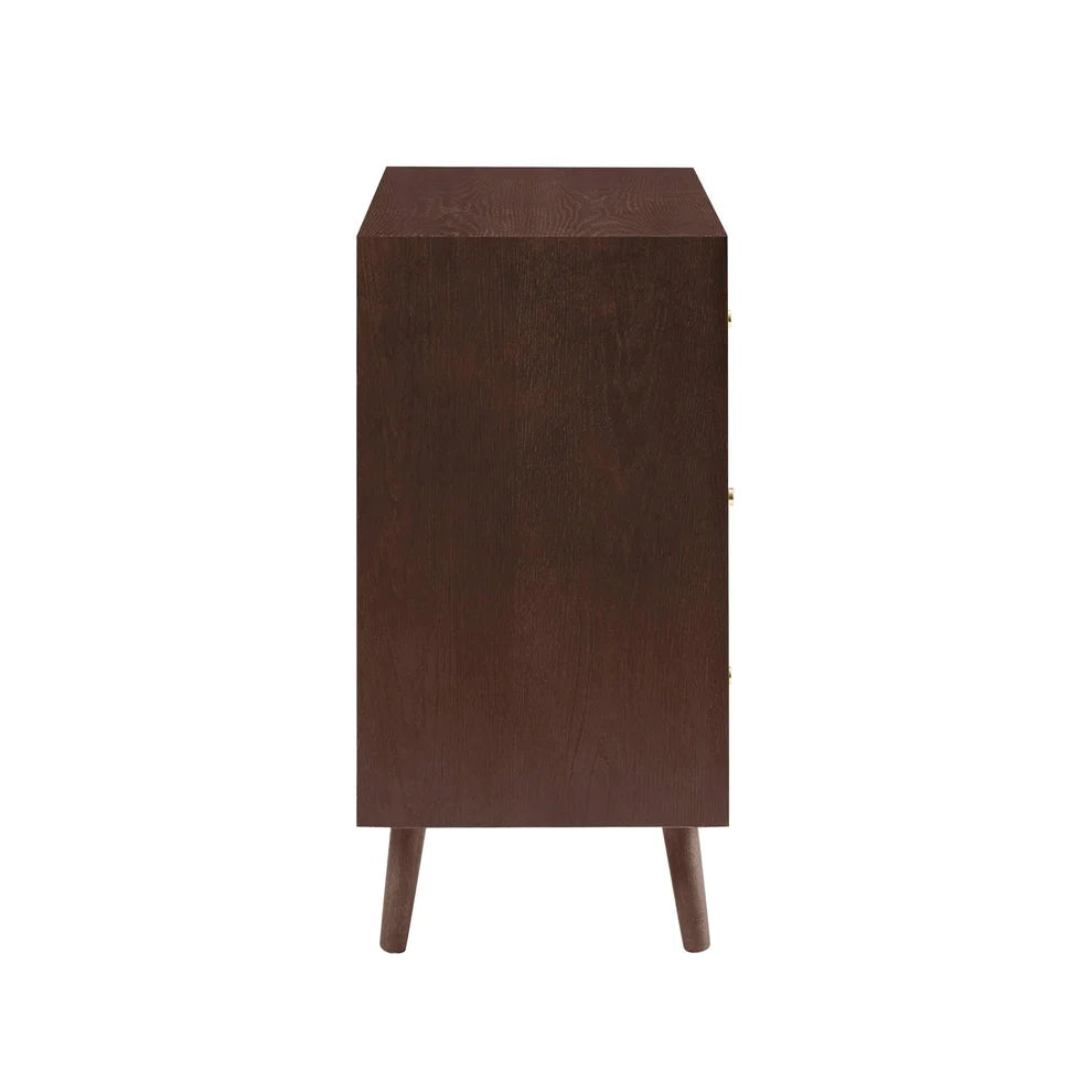Walnut 3 Drawer Chest with Gold Knobs & Wooden Legs furnitell