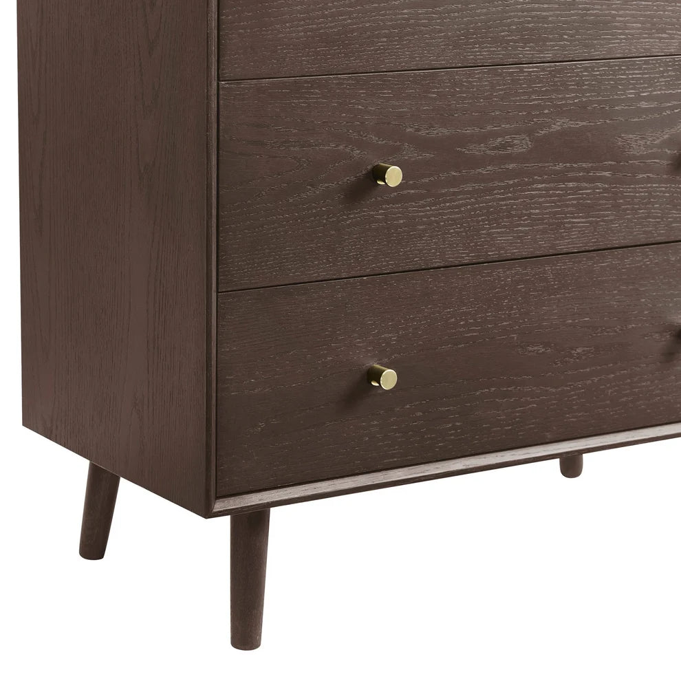 Walnut 3 Drawer Chest with Gold Knobs & Wooden Legs furnitell