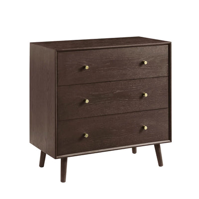 Walnut 3 Drawer Chest with Gold Knobs & Wooden Legs furnitell