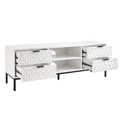 White Wooden TV Unit with 4 Textured Doors & Open Shelves furnitell
