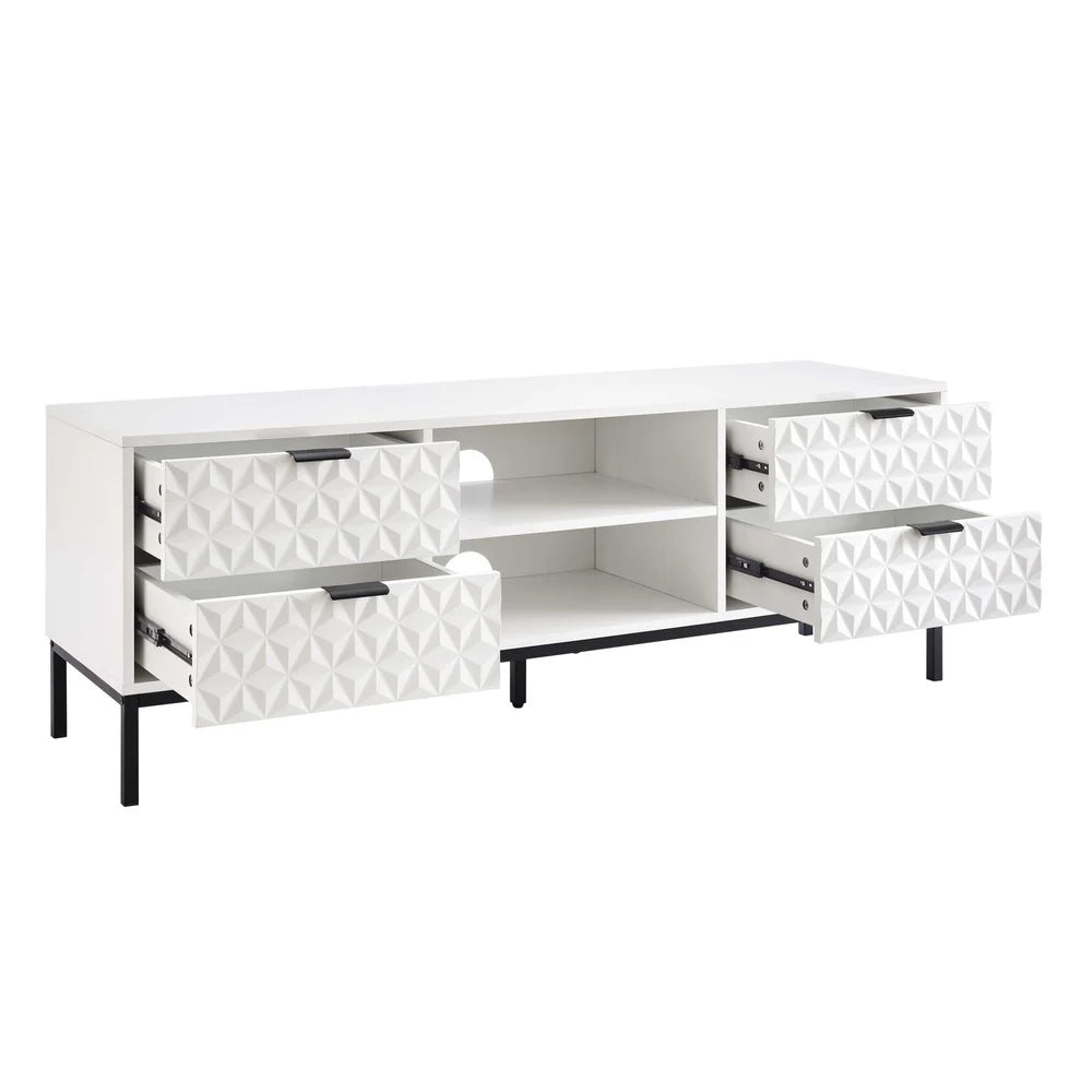White Wooden TV Unit with 4 Textured Doors & Open Shelves furnitell