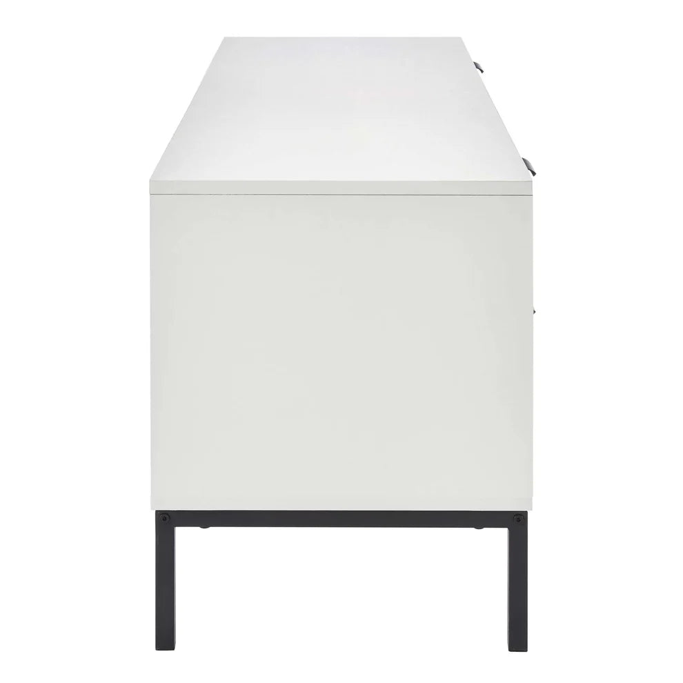 White Wooden TV Unit with 4 Textured Doors & Open Shelves furnitell