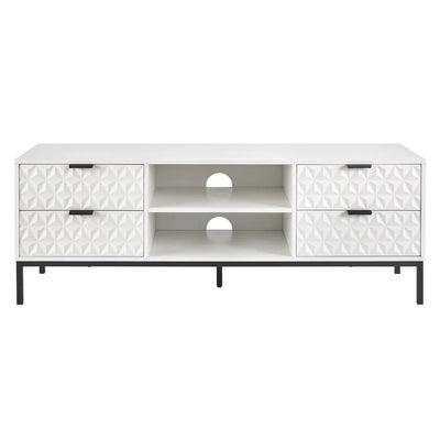 White Wooden TV Unit with 4 Textured Doors & Open Shelves furnitell