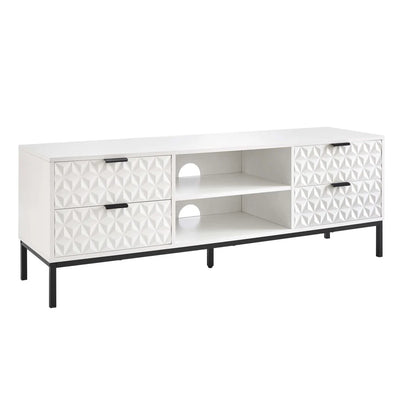 White Wooden TV Unit with 4 Textured Doors & Open Shelves furnitell