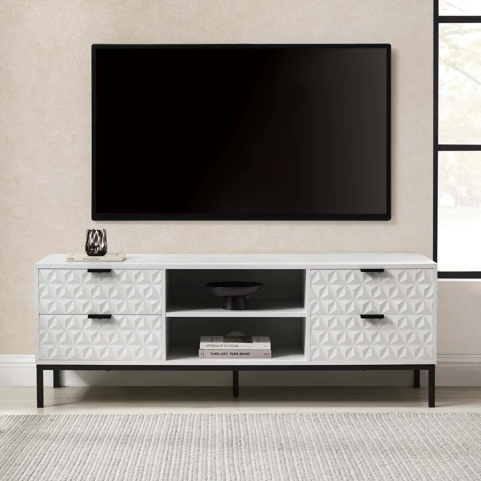 White Wooden TV Unit with 4 Textured Doors & Open Shelves furnitell