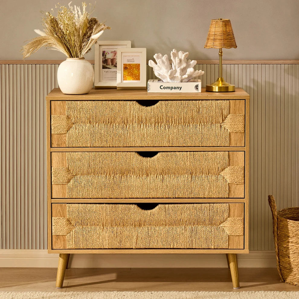 Light Wood 3 Drawer Chest with Woven Front & Wooden Legs furnitell