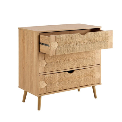 Light Wood 3 Drawer Chest with Woven Front & Wooden Legs furnitell