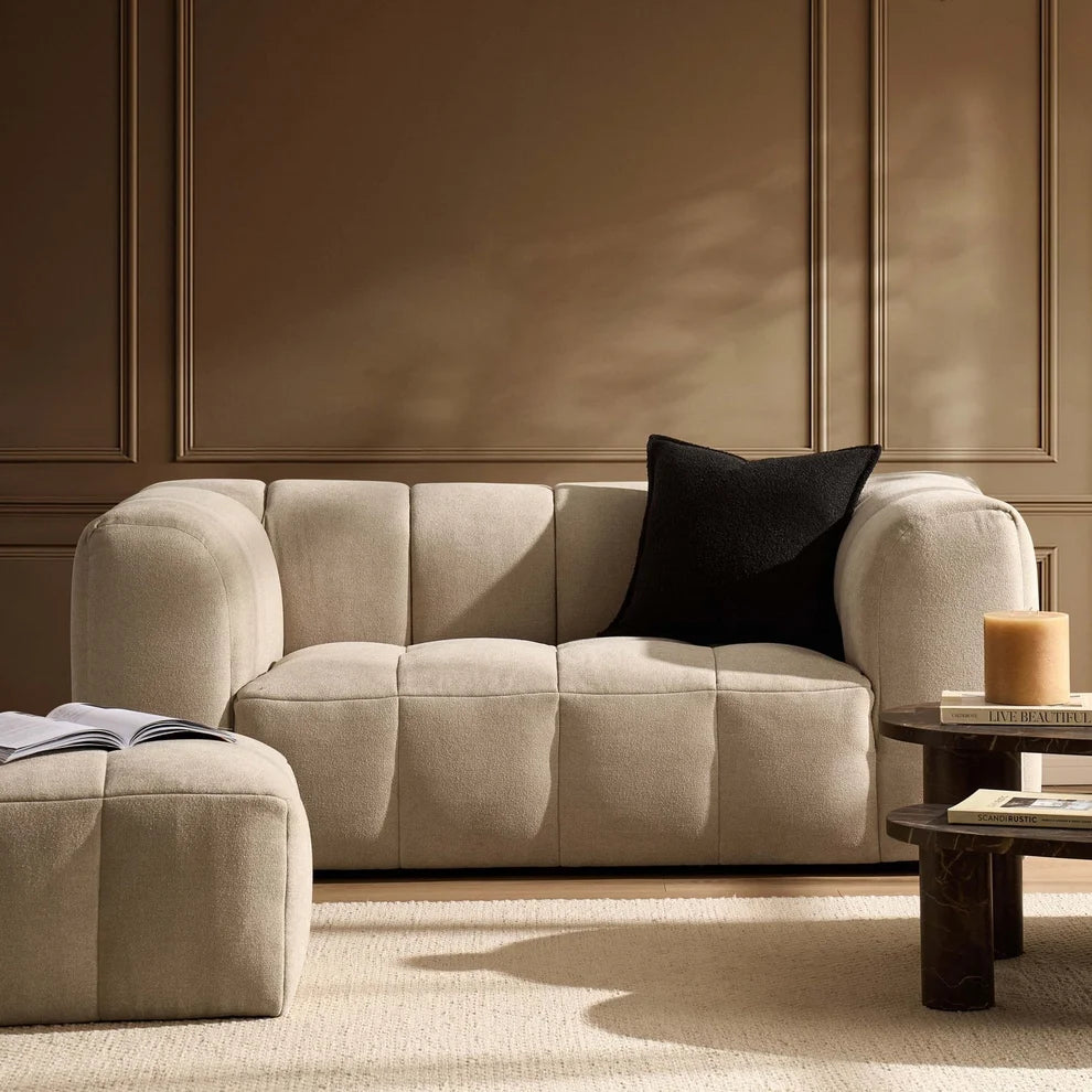 Oatmeal 2 Seater Sofa with Plush Cushions & Rounded Arms Furnitell