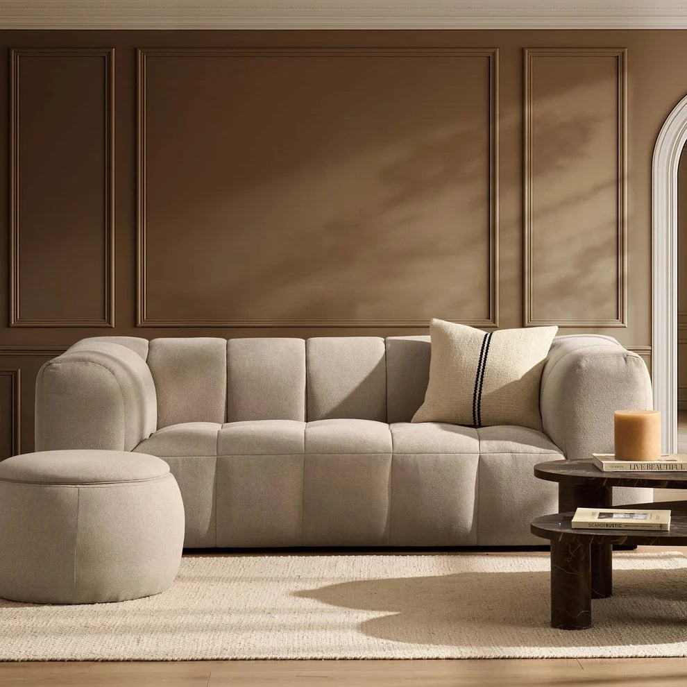 Oatmeal 3 Seater Sofa with Plush Chenille Upholstery & Rounded Arms Furnitell
