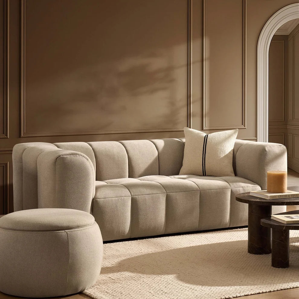 Oatmeal 3 Seater Sofa with Plush Chenille Upholstery & Rounded Arms Furnitell