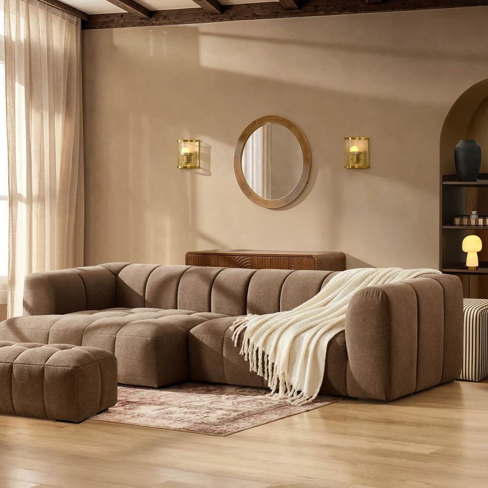 Mushroom Brown L Shaped Sofa with Left Chaise & Ottoman Furnitell