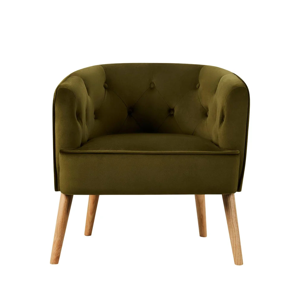 Olive Green Accent Chair with Button Tufted Back & Wooden Legs Furnitell