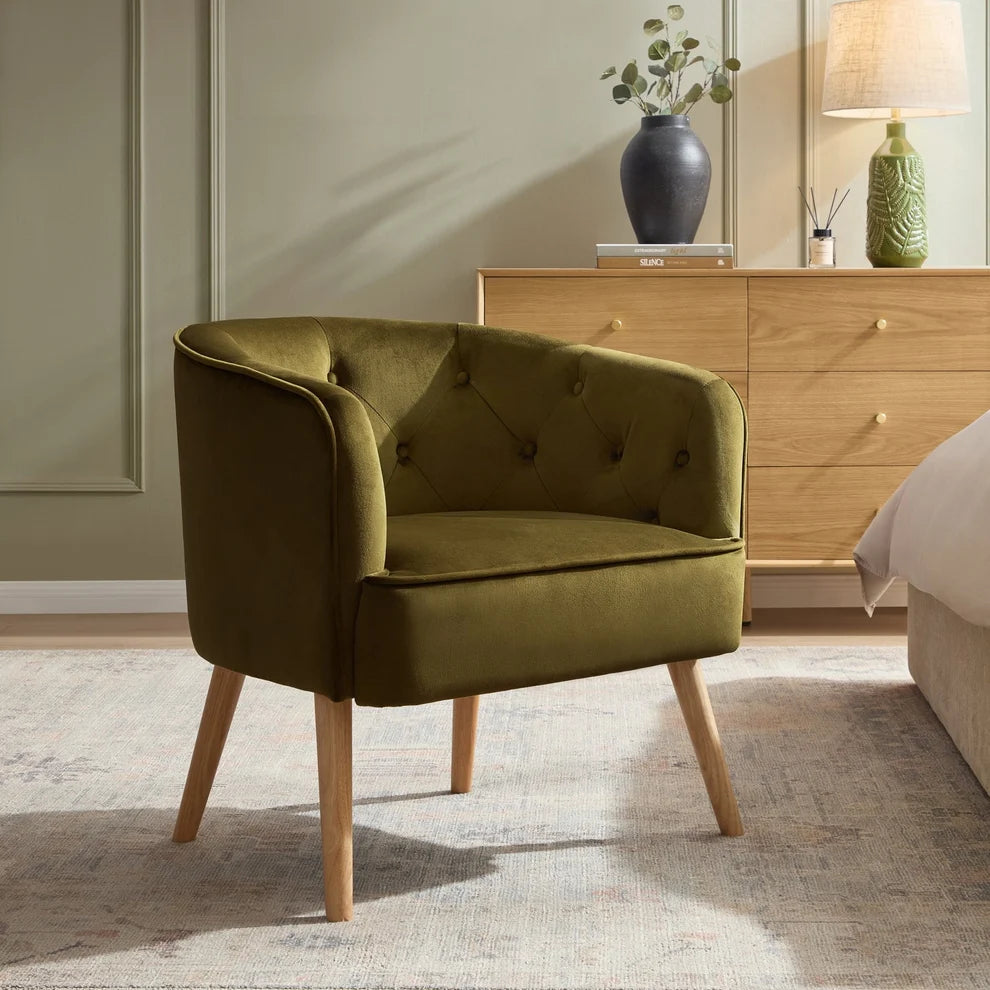 Olive Green Accent Chair with Button Tufted Back & Wooden Legs Furnitell