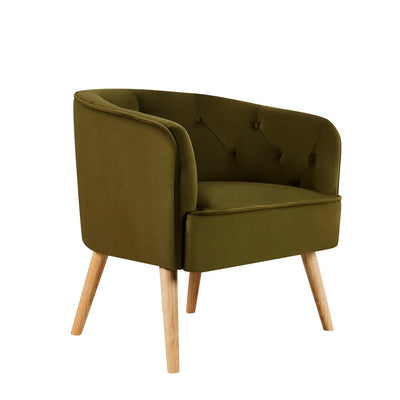 Olive Green Accent Chair with Button Tufted Back & Wooden Legs Furnitell