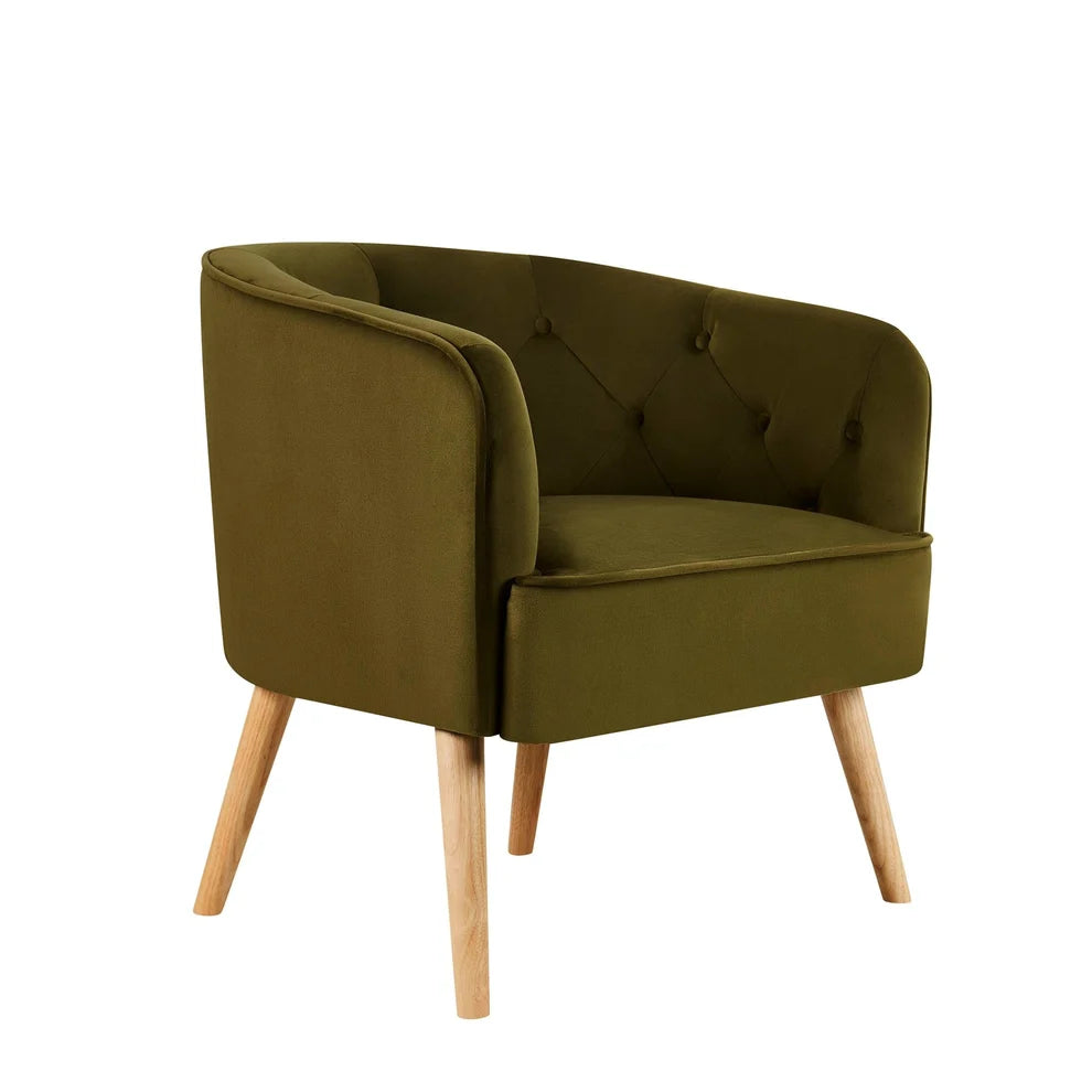 Olive Green Accent Chair with Button Tufted Back & Wooden Legs Furnitell