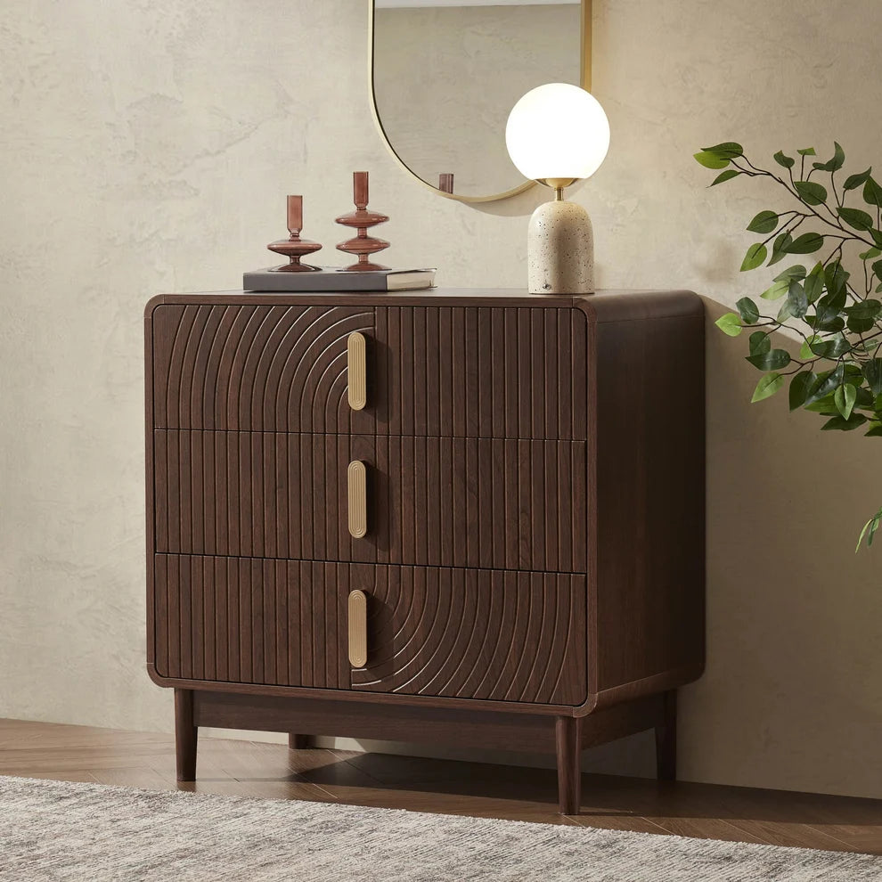 Walnut 3 Drawer Chest with Fluted & Curved Front Design furnitell