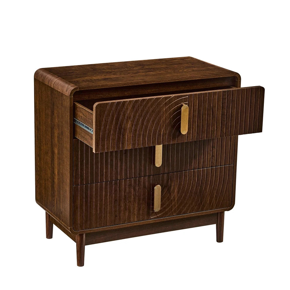 Walnut 3 Drawer Chest with Fluted & Curved Front Design furnitell
