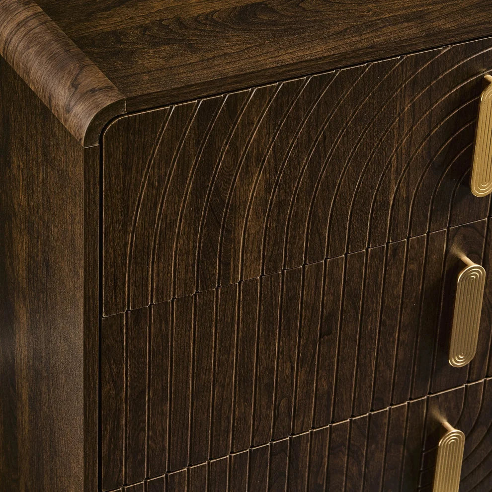 Walnut 3 Drawer Chest with Fluted & Curved Front Design furnitell