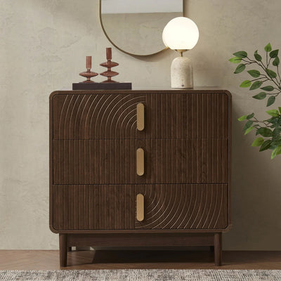 Walnut 3 Drawer Chest with Fluted & Curved Front Design furnitell