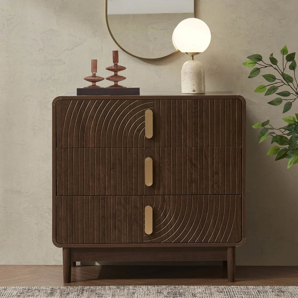 Walnut 3 Drawer Chest with Fluted & Curved Front Design furnitell