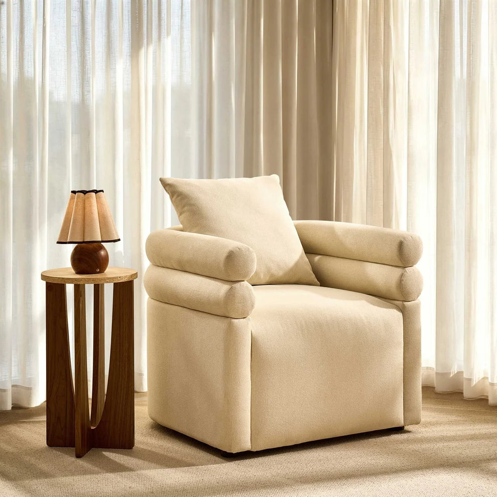 Cream Accent Chair with Rounded Arms, Cushioned Seat & Pillow Furnitell