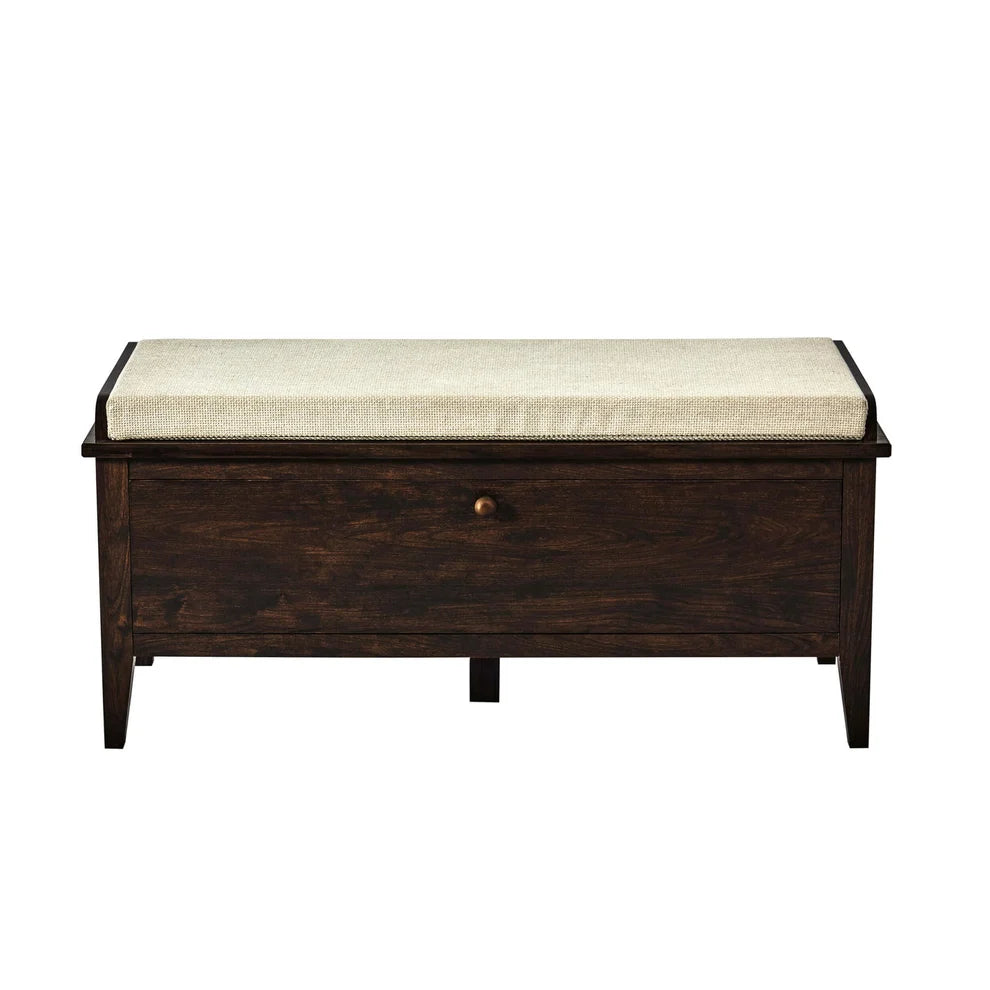 Walnut Storage Bench with Cushioned Seat & Front Drawer Furnitell