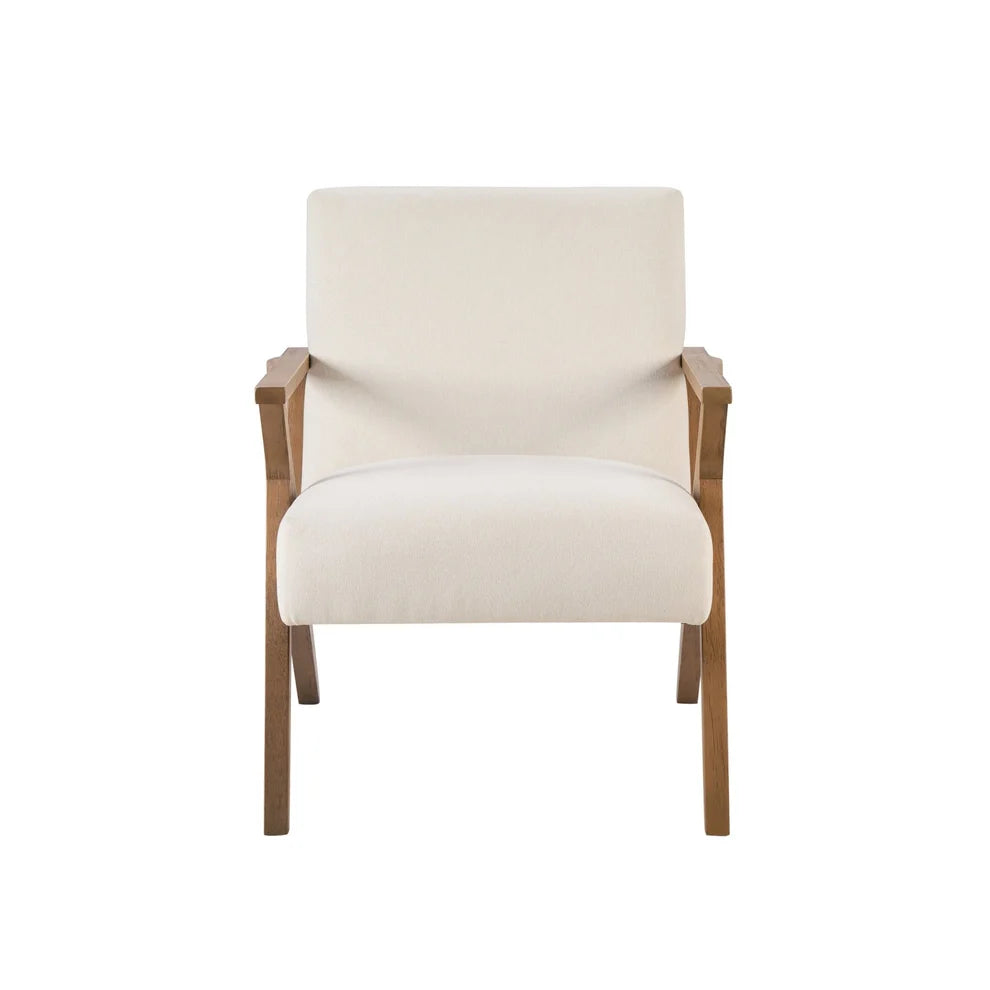Cream Accent Chair with Linen Upholstery & Wooden Armrests furnitell