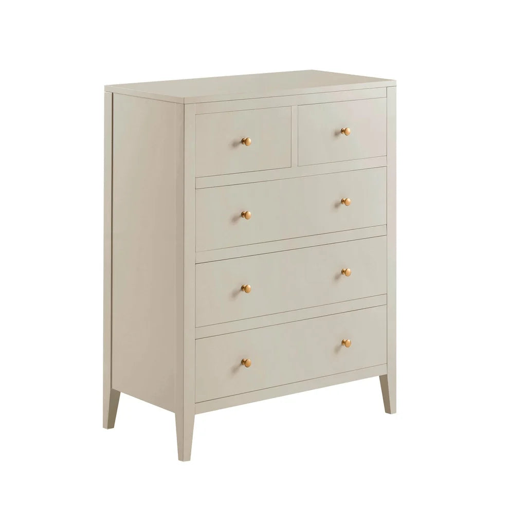 Cream 5 Drawer Chest with Gold Knobs Furnitell