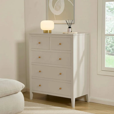 Cream 5 Drawer Chest with Gold Knobs Furnitell