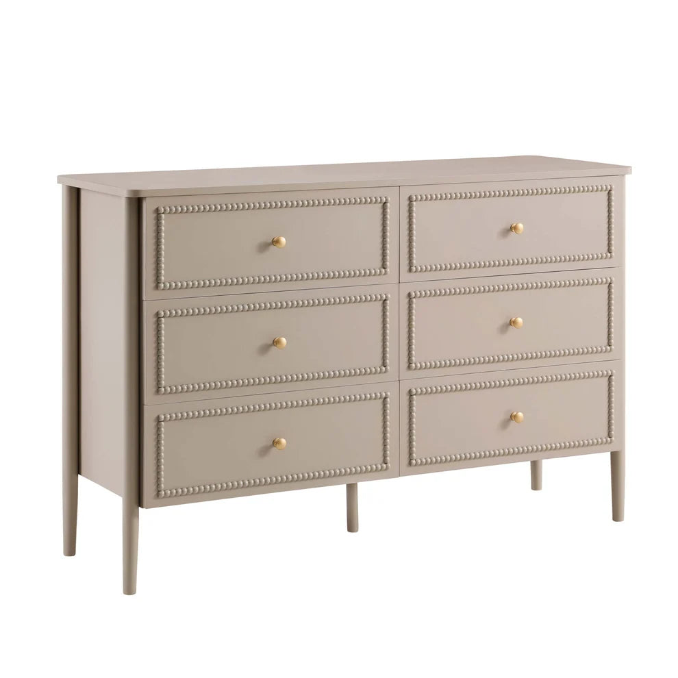 Taupe 6 Drawer Chest with Beaded Detail & Gold Knobs Furnitell