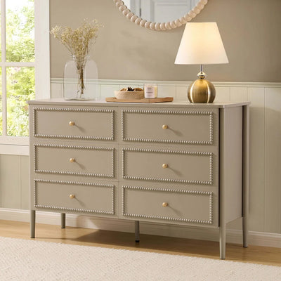 Taupe 6 Drawer Chest with Beaded Detail & Gold Knobs Furnitell