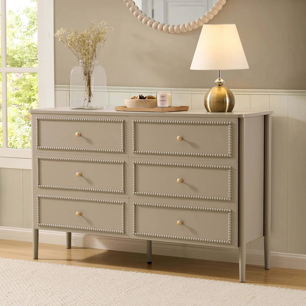 Taupe 6 Drawer Chest with Beaded Detail & Gold Knobs Furnitell