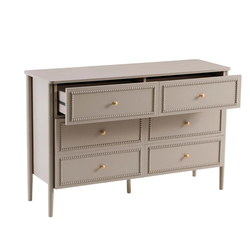 Taupe 6 Drawer Chest with Beaded Detail & Gold Knobs Furnitell