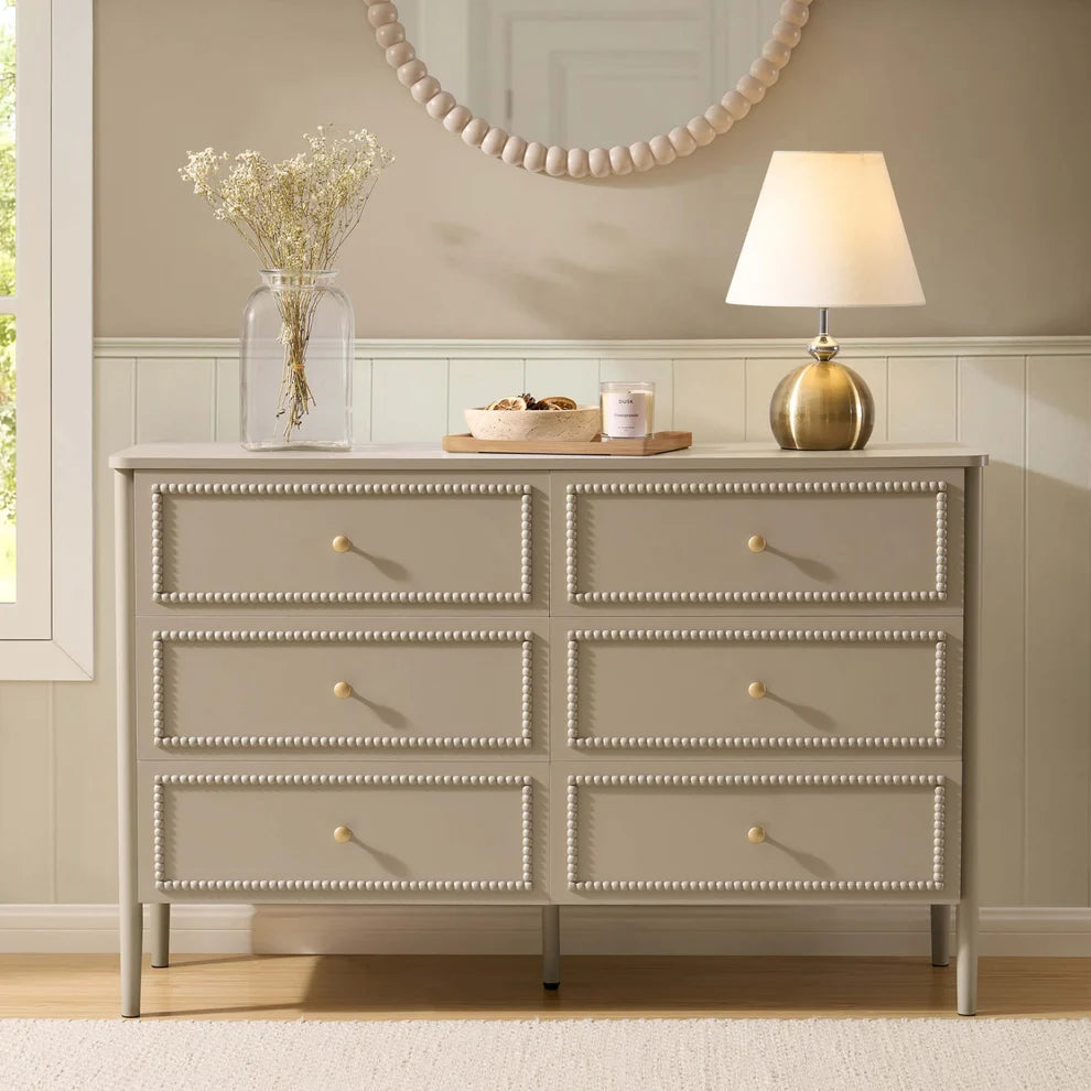 Taupe 6 Drawer Chest with Beaded Detail & Gold Knobs Furnitell