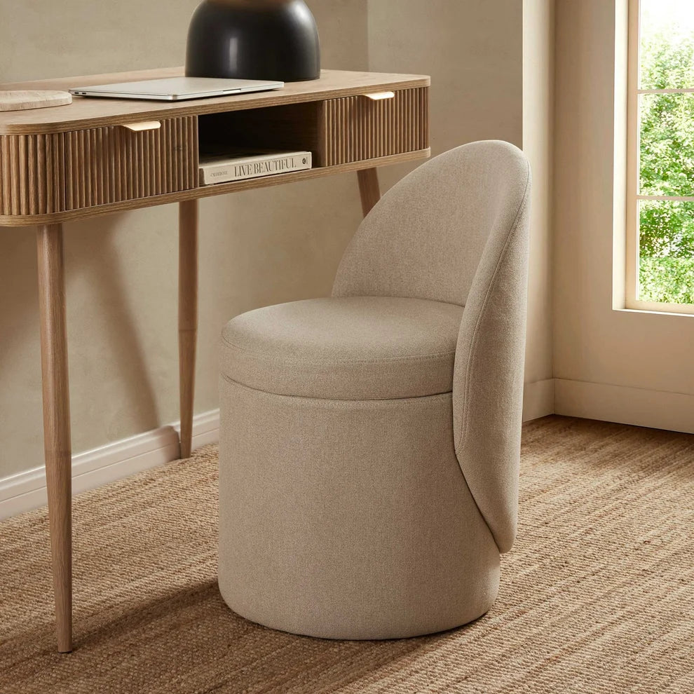 Oatmeal Upholstered Round Dressing Stool with Backrest furnitell