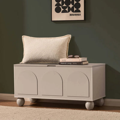 Taupe Wooden Storage Bench with 3 Arch Panel Doors & Round Legs Furnitell