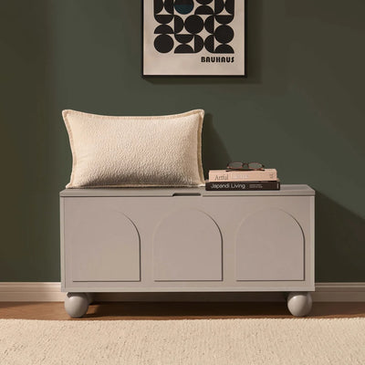 Taupe Wooden Storage Bench with 3 Arch Panel Doors & Round Legs Furnitell
