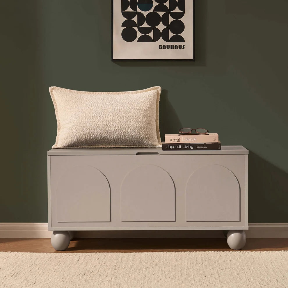 Taupe Wooden Storage Bench with 3 Arch Panel Doors & Round Legs Furnitell