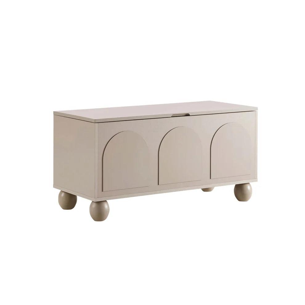 Taupe Wooden Storage Bench with 3 Arch Panel Doors & Round Legs Furnitell