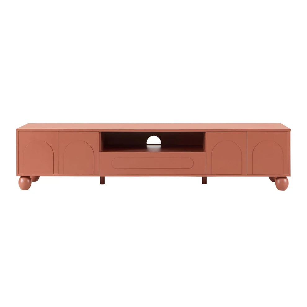 Terracotta Wooden TV Unit with Arch Front Doors & Open Shelf furnitell