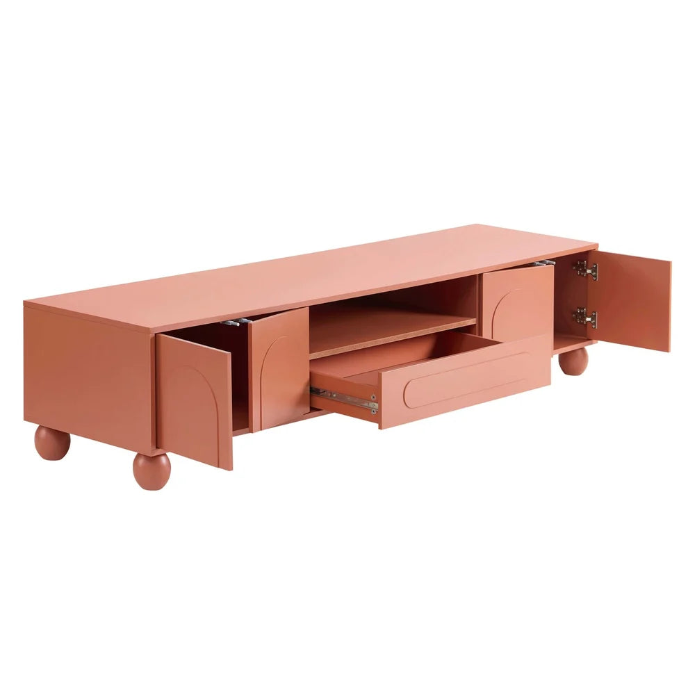 Terracotta Wooden TV Unit with Arch Front Doors & Open Shelf furnitell