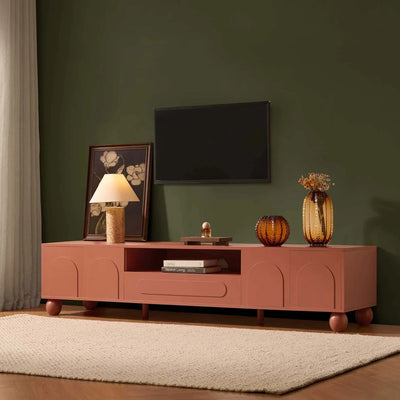Terracotta Wooden TV Unit with Arch Front Doors & Open Shelf furnitell