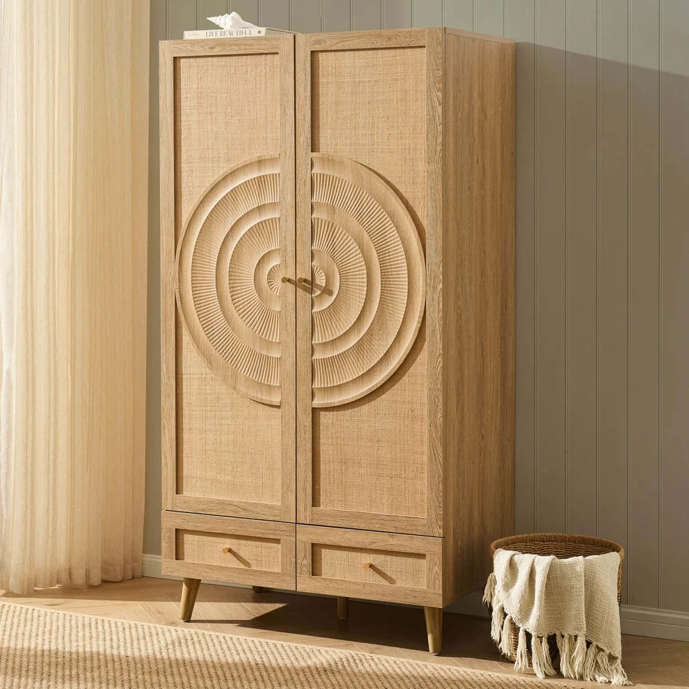 Light Wood Rattan 2 Door Wardrobe | Furnitell furnitell
