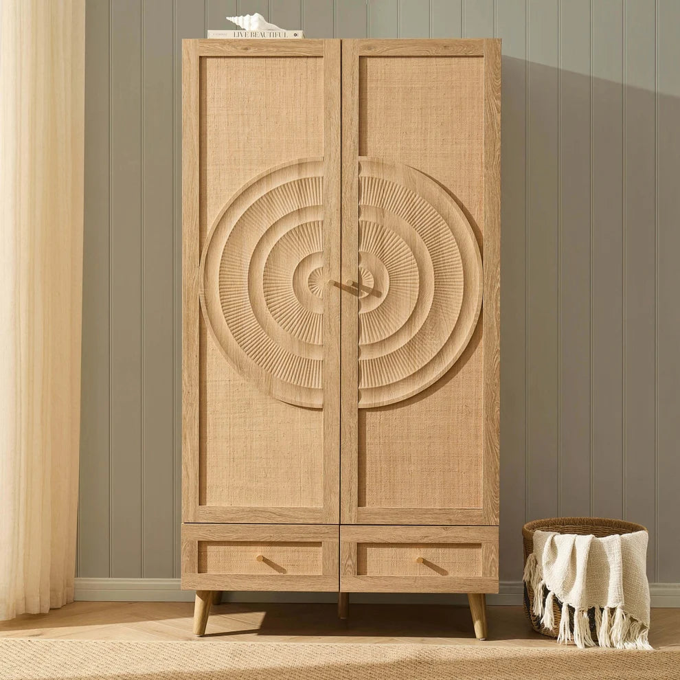 Light Wood Rattan 2 Door Wardrobe | Furnitell furnitell