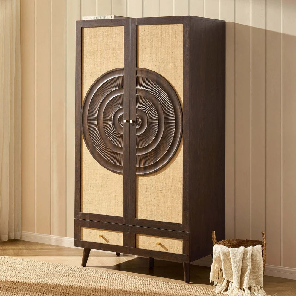 Walnut Rattan 2 Door Wardrobe | Furnitell Furnitell