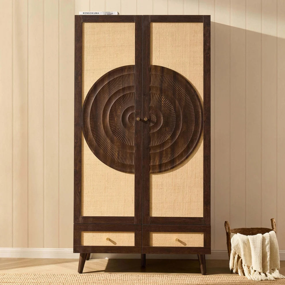Walnut Rattan 2 Door Wardrobe | Furnitell Furnitell