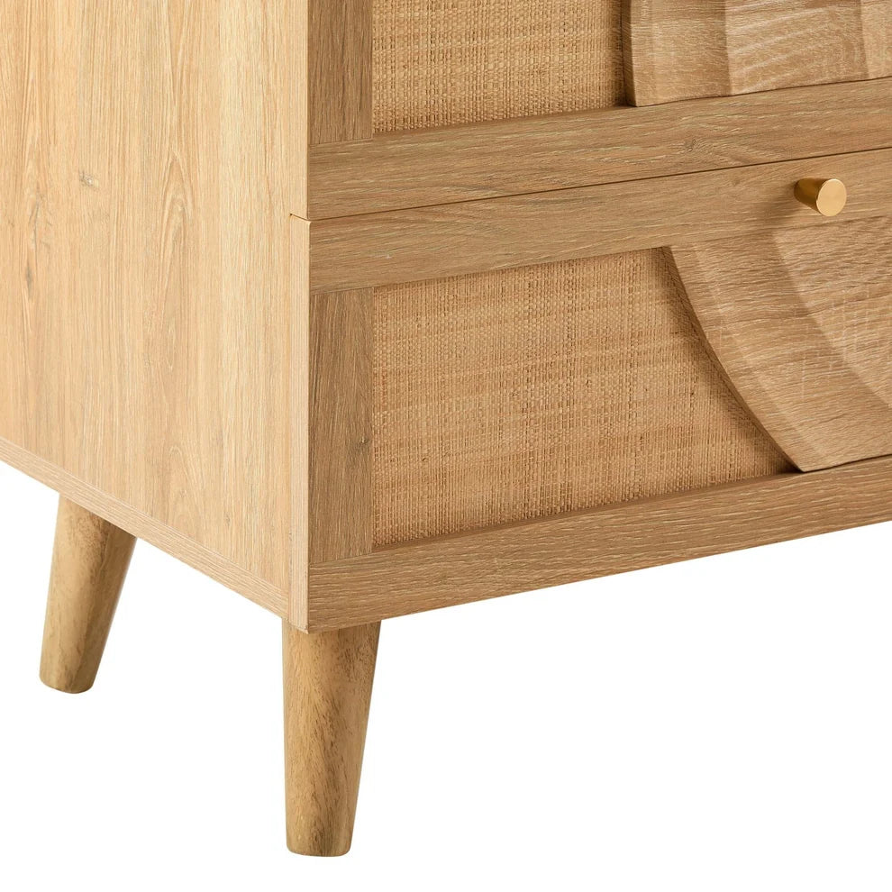 Light Wood 6 Drawer Chest with Rattan Front & Carved Detail furnitell