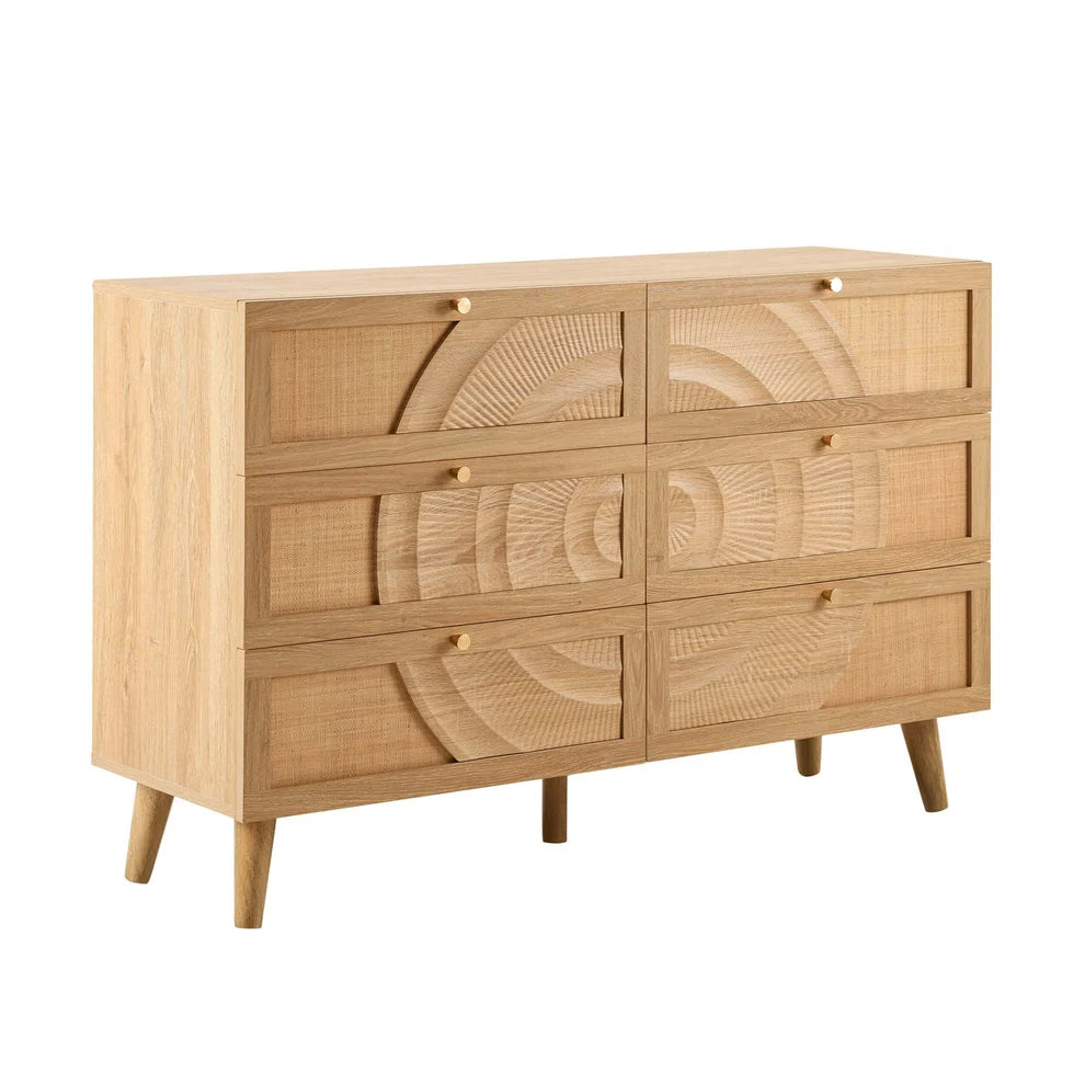 Light Wood 6 Drawer Chest with Rattan Front & Carved Detail furnitell